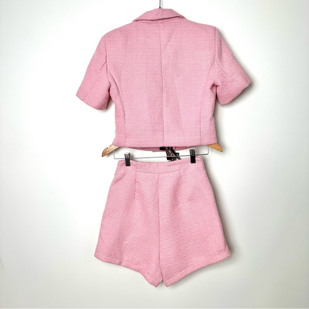 Baby Pink Cropped Tweed Short Sleeve Double Breasted High Rise Shorts Co-Ord Set - Picture 8 of 12